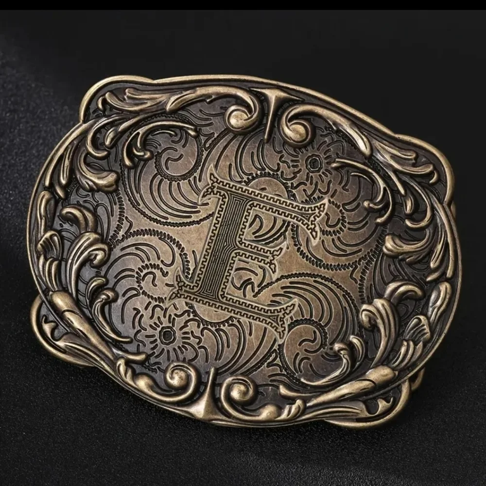 Western Initial “E” Belt Buckle – Monogram Floral Scroll – Cowboy Cowgirl